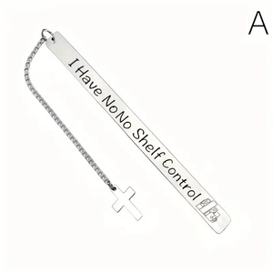 Polished stainless steel bookmark with I Have No Shelf Control text and cross pendant