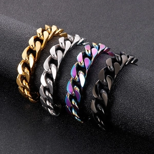 Polished Cuban link bracelets for men in gold, silver, black, and rainbow plated steel