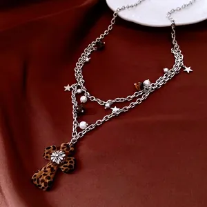 Collana A Strati Con Pendente A Croce Leopardata Lega Perline Occhio Di Tigre Perla Artificial Stella Catena Maglione Donna