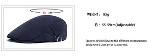 Size chart for navy cotton flat cap showing adjustable head size 55-59cm and 85g weight