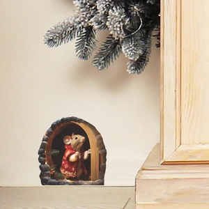 3D Christmas mouse hole wall sticker with cute mouse in red snowflake jacket on white wall