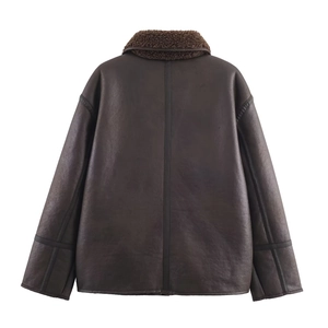 Back view of a brown faux leather jacket with fleece trim and premium textured finish