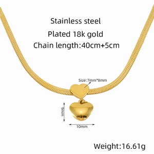 18k gold plated stainless steel double heart pendant necklace for women 45cm