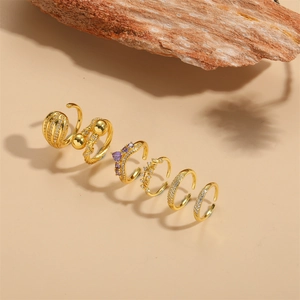 Set of 6 adjustable gold water drop rings with purple zircon in a minimalist vintage style