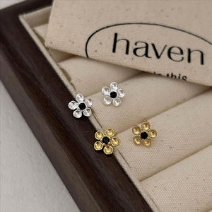 Flower Stud Earrings 925 Sterling Silver With Black Zircon Minimalist Floral Jewelry For Women Korean Style