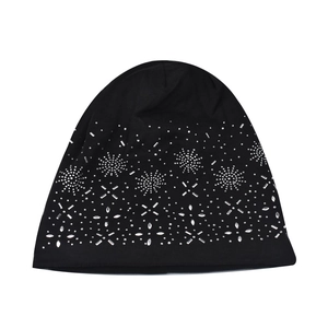 Women's black knit beanie featuring silver rhinestone snowflake and flower patterns