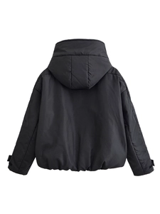 Rear view of black hooded jacket featuring elastic hem and sleek synthetic fabric texture