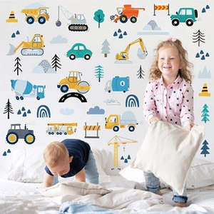 Cute cartoon construction vehicle wall decals for nursery and playroom decoration