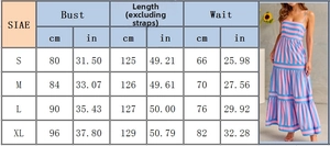 Detailed size chart for striped backless sundress showing bust, length, and waist measurements