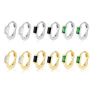 925 Sterling Silver Baguette Cut Cubic Zirconia Hoop Earrings Retro Emerald Green Elegant Jewelry For Women