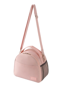 Close-up of pink insulated lunch bag with adjustable strap and side mesh pocket