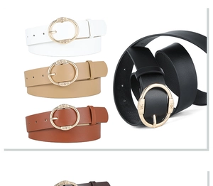 Detail of multi-color PU leather belts with gold round buckle and bow decoration