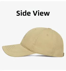 Side view of khaki cotton baseball cap featuring high-quality mountain peak embroidery