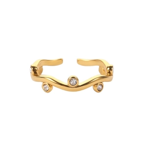 French style 18K gold plated leaf wave ring with three round zircons and open design