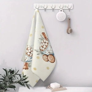 Hanging beige Christmas microfiber kitchen towel with hot cocoa and cookie festive print
