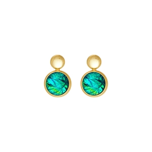 Minimalist round resin stud earrings with green shell inlay and gold metal finish