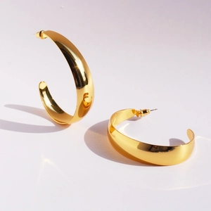 Brass Mirror Polish Large C-Shape Hoop Earrings with 925 Sterling Silver Post Zirconia Teardrop Exaggerated Jewelry for Women