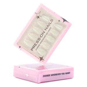 Minimalist creamy white almond press-on nails in a soft pink decorative packaging box