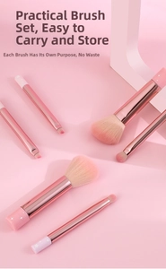 Close-up of pink makeup brush set with rose gold ferrules and soft gradient bristles