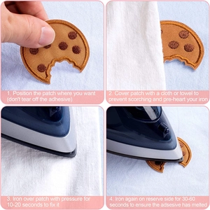 Step-by-step tutorial for applying funny cookie embroidery patch with iron-on instructions
