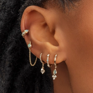 Luxe S925 silver needle drop earrings with zircons and opal on golden geometric loops