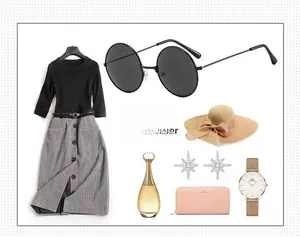 Flat lay of retro round sunglasses with summer fashion accessories and elegant jewelry