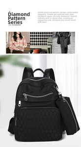 Gros plan sur les détails de sac à dos matelassé noir avec tissu durable et fermetures.