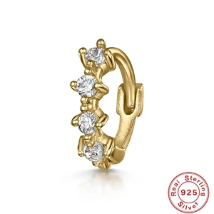 Close-up of gold-plated S925 sterling silver hoop earring with vertical zircon stones