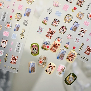 Cute retro cat nail stickers M-1205 with vintage floral and teapot illustrations