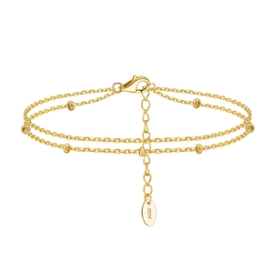 Double-layer S925 sterling silver beaded chain bracelet with adjustable gold finish