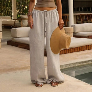 Pantaloni larghi da donna in lino grigio chiaro a vita alta con coulisse elastica