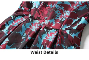 Detailed macro view of the waist pleats and floral satin fabric on this elegant dress