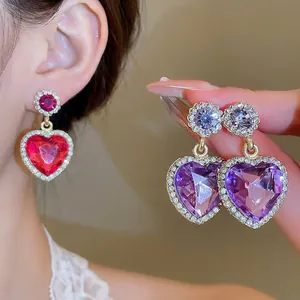 Boucles D'oreilles Pendantes En Forme De Coeur Avec Tige En Argent Sterling 925 Alliage Strass Bijoux Élégants Pour Femmes