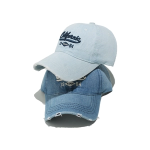 Vintage California embroidered washed denim baseball cap in light and mid blue denim