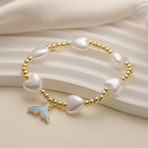 Bracelet tendance en perles de cuivre avec perles en cœur et pendentif queue de poisson