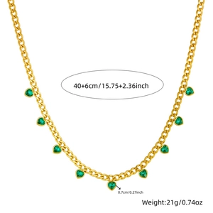 Gold stainless steel Cuban chain necklace with green heart-shaped crystal pendants