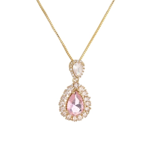 Double-layered gold necklace with teardrop pink crystal pendant and micro-pave crystals