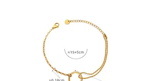 Detailed view of gold chain bracelet with flat links and round beads showing size metrics