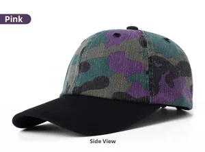 Side view of distressed camouflage baseball cap with pink and green patterns