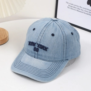 Light blue denim baseball cap with New York 09 embroidery in a classic retro outdoor style