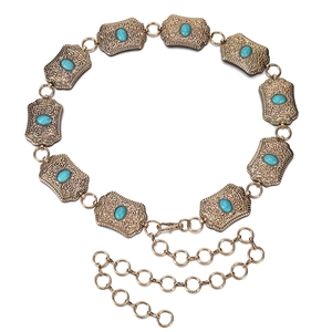 Bohemian style metal waist chain with vintage turquoise stones and adjustable clasp