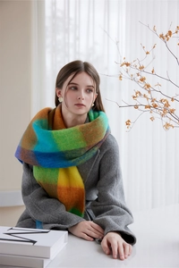 Close-up of thick colorful plaid scarf featuring soft wool texture and tassel details