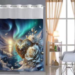 Détail d'un rideau de douche gaufré avec impression 3D aurore boréale et cœur
