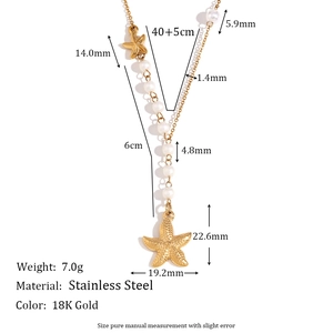 18K gold plated stainless steel starfish necklace with white pearls, 40+5cm length