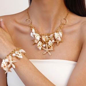 Gold Alloy Layered Necklace And Body Chain With Faux Artificial Pearl Sea Shell Starfish Bohemian Beach Vacation Jewelry For Women