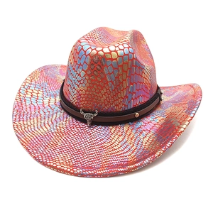 Western cowboy hat detail with colorful laser snake skin texture and metal bull skull