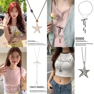 Starfish Shell Pendant Necklace Alloy Enamel Artificial Pearl Vacation Beach Style Clavicle Chain Jewelry For Women