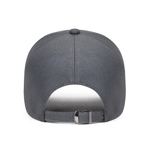 Rear view of dark grey cotton baseball cap with adjustable metal buckle strap closure