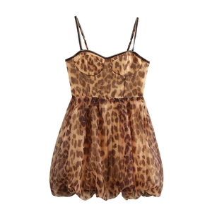 Sexy Leopard Print Camisole Mini Dress Rhinestone Spaghetti Straps High Waist Bubble Hem Polyester Women Party Club Wear