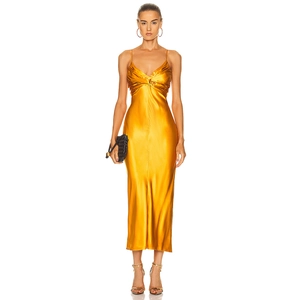 Robe Midi En Satin Doré Bretelles Spaghetti Dos Nu Col En V Taille Haute Bodycon Sexy Robe De Soirée Pour Femmes